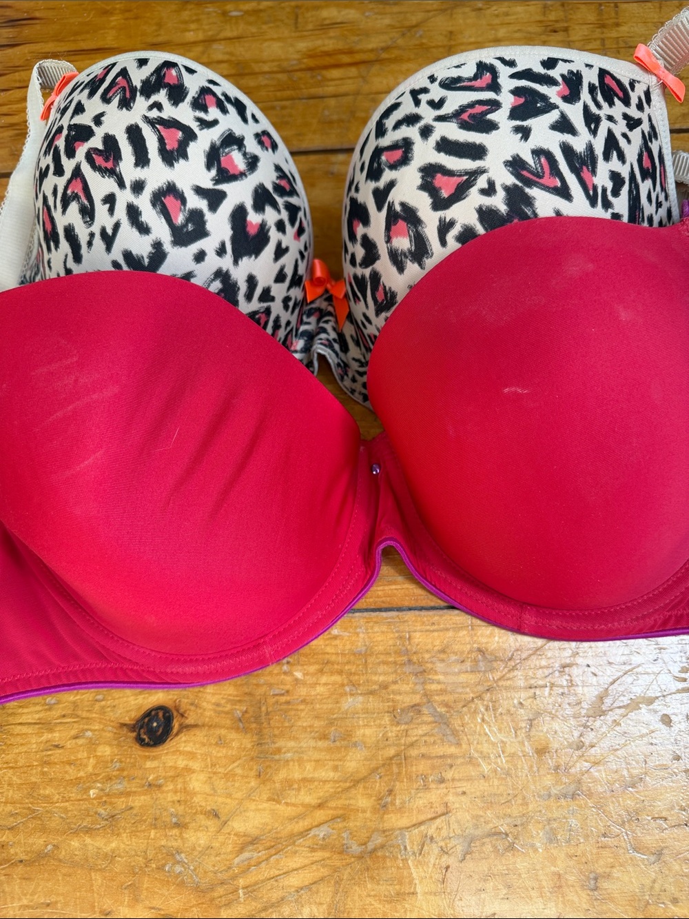 Two Push-Up Bras: Freya Leopard-Print & Passionata Red and Purple both 34DDD